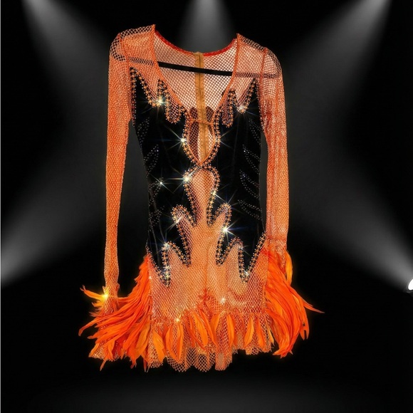 Elegant Orange and Black Mesh Dress - Picture 9 of 16